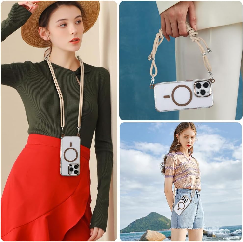 for iPhone 16 Pro Max Case with 62.99 inch Lanyard, Classic Clear&Brown Magnetic Phone Case, Drop&Shockproof Protection Cases, Phone Holder Lanyard, Compatible with Magnet Accessory