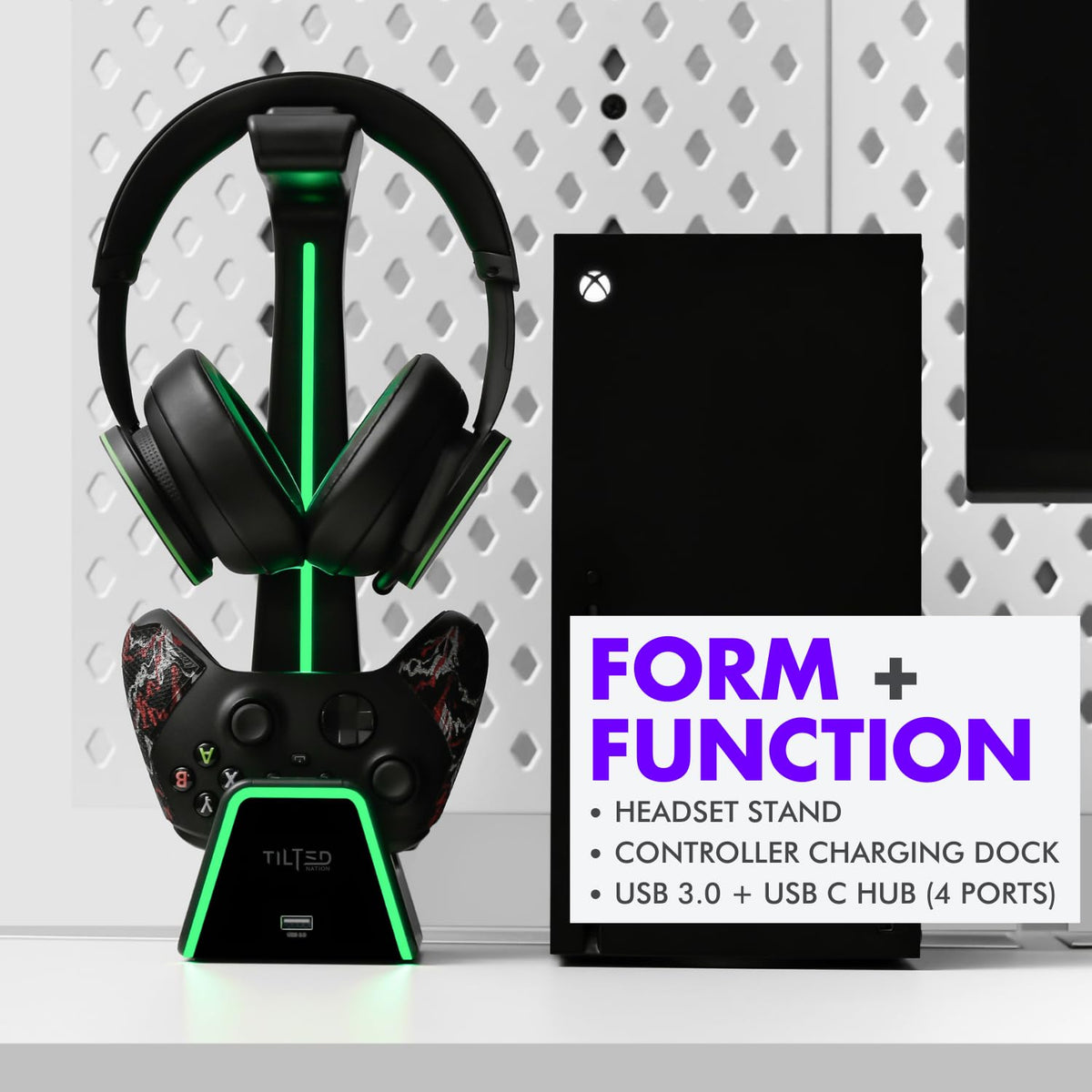 Tilted Nation 3 in 1 Gaming Headset and Controller Stand for PS5 and Xbox Series X Charging Station - Game Controller Holder and Headphone Stand