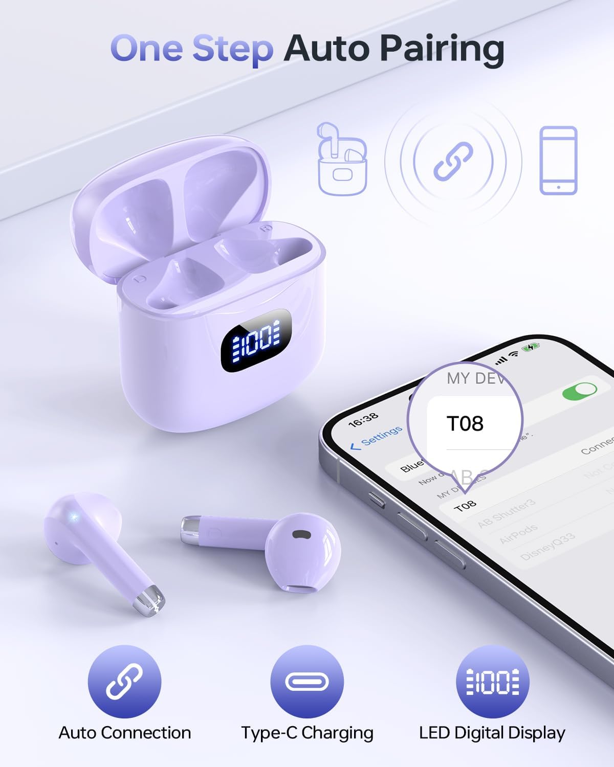 Wireless Earbuds Bluetooth 5.3 Ear Buds, Bluetooth Headphones with LED Display Charging Case, IPX7 Waterproof in-Ear Earphones with Mic for Phone Tablet Sports