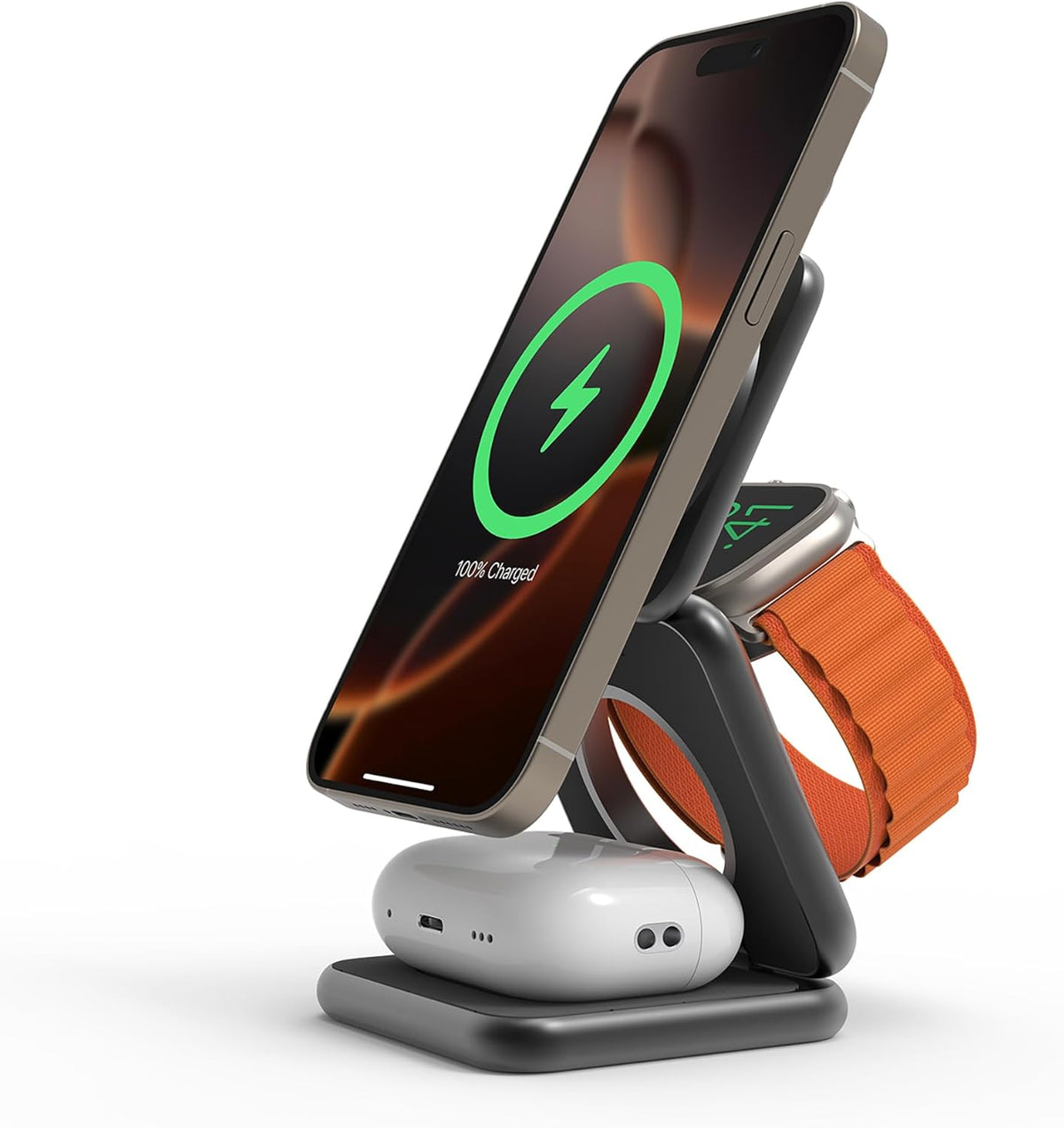 REDBEAN 3in1 Qi2 Wireless Charging Station, Mag-Safe Charger Stand Compatible with iPhone, Apple Watch & AirPods, 25W Foldable Fast Charging Dock, Aluminum Alloy for Multiple Devices, SpaceGray