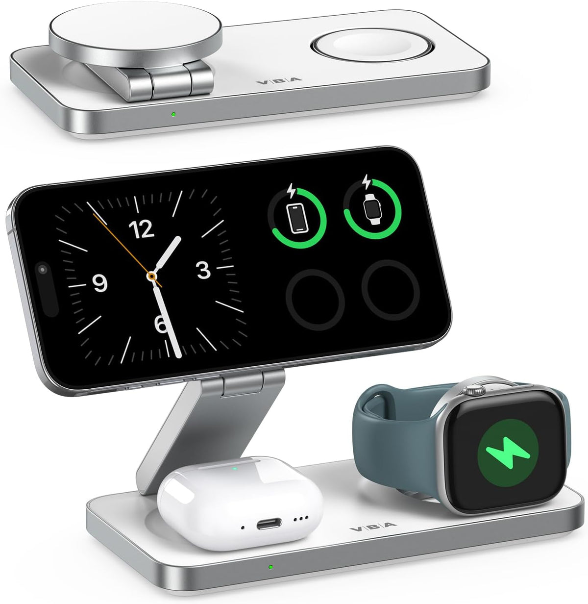 VBA 3 in 1 Wireless Charging Station for Apple MagSafe Charger,Foldable Fast Charging Magnetic Wireless Charger Stand,Travel Charger for iPhone 16 15 14 13 12,Apple Watch,AirPods Pro(White)