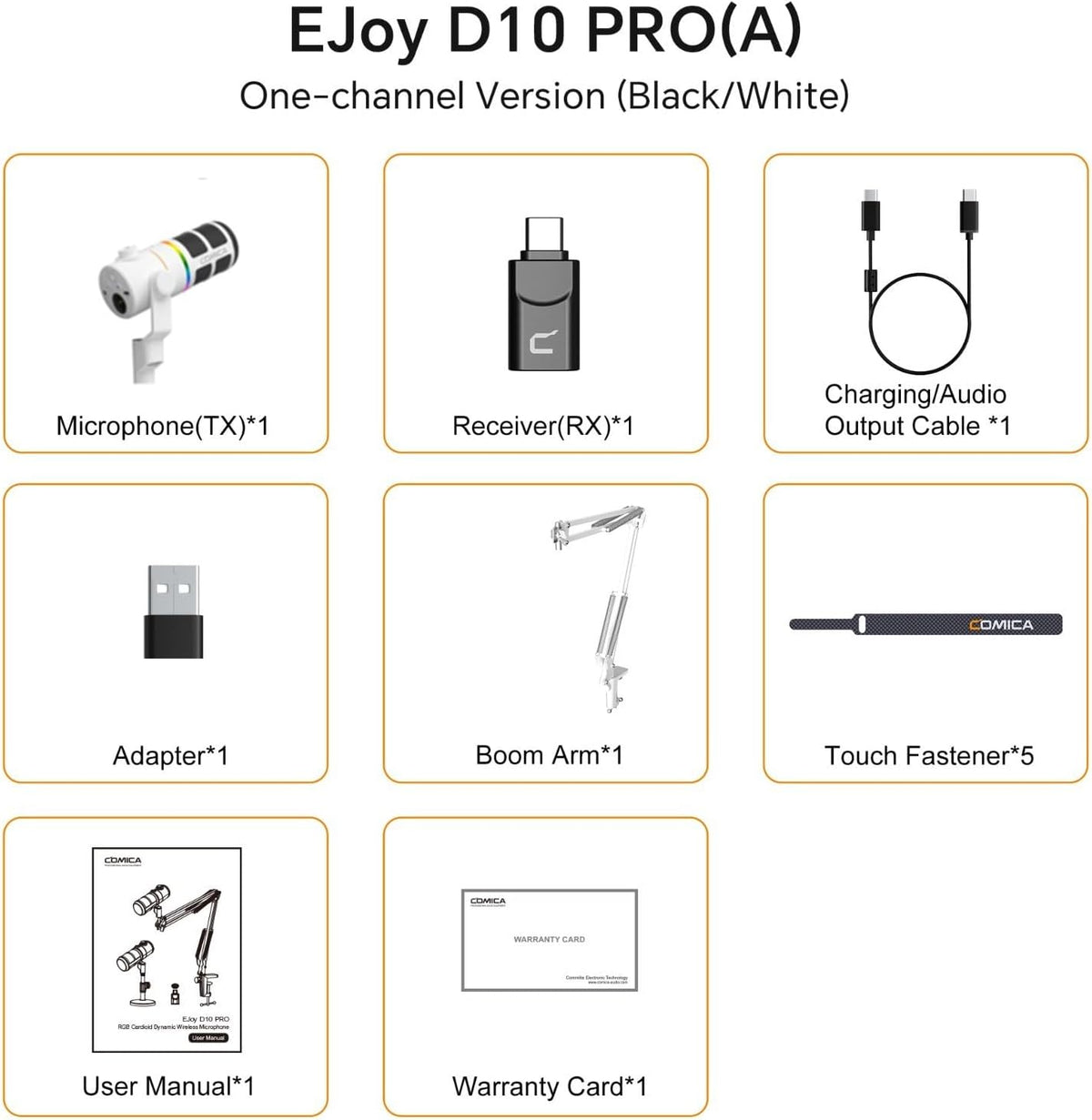 COMICA D10 Pro A Wireless/XLR/USB Dynamic Microphone with Receiver Boom Arm Stand- Dual Channel Cardioid Mic, 45H Battery, RGB Lights, CalMix Denoise for Gaming/Streaming/PD(PC, PS4/5, Mac,Phone)White