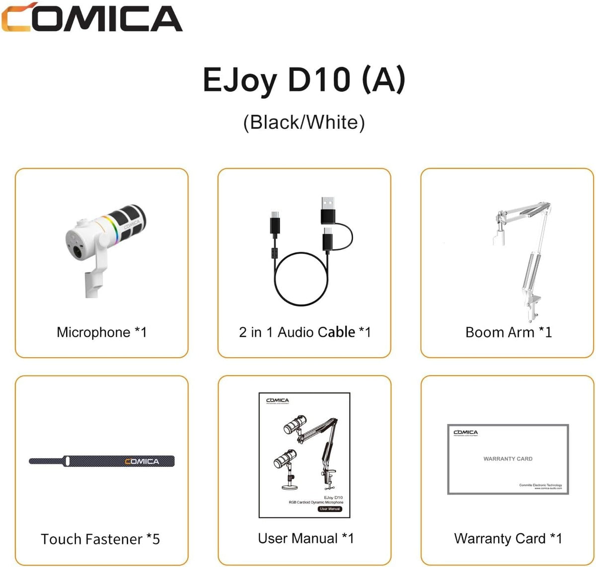 COMICA EJoy D10 A USB/XLR Dynamic Microphone with RGB Light &CalMix Denoise &Mute Button- Studio-Quality Cardioid Mic with Boom Arm Stand for Gaming, Streaming, Podcast,YouTube(PC/PS5/Xbox/Mac-White