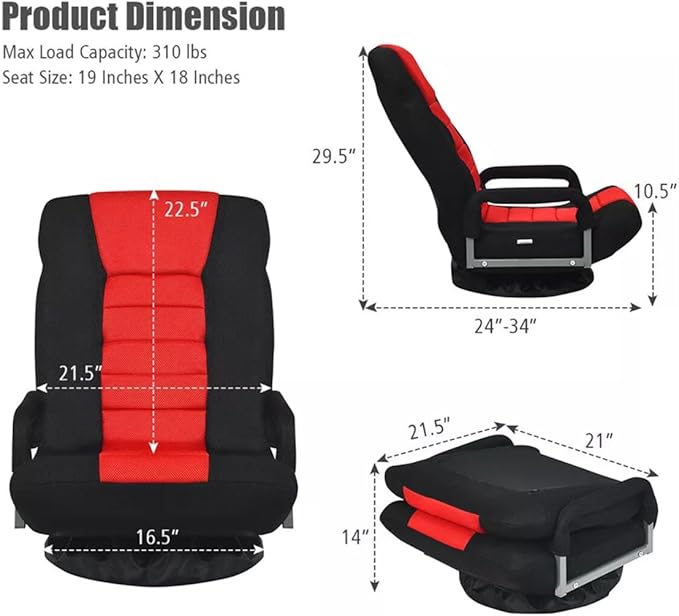 Swivel Video Rocker Gaming Chair Adjustable 7-Position Tatami Bed Lazy Sofa with Armrests Legless Bedroom Bay Window Folding Back Chair Gaming Computer Chair (Red)