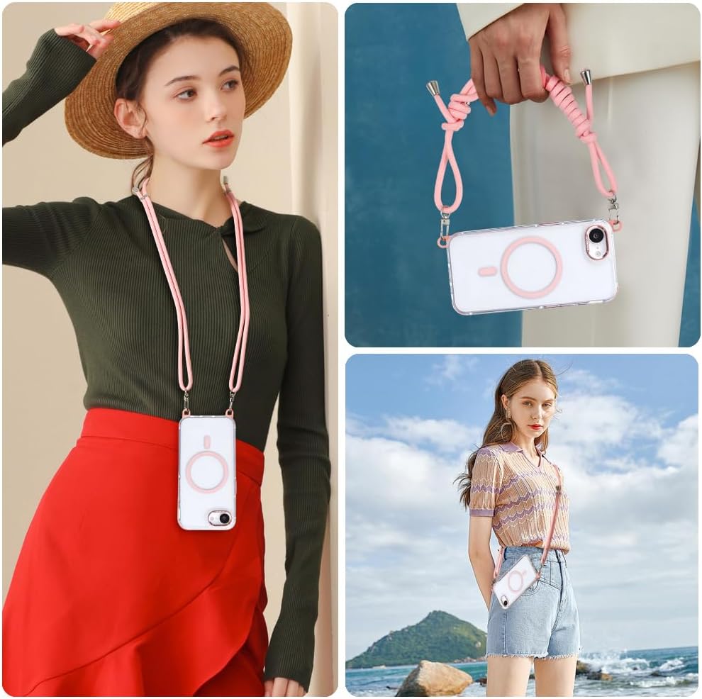 for iPhone 16e Case with Adjustable Phone Lanyard Strap, Compatible with MagSafe, Shockproof Military-Grade Protection, Magnetic Phone Case, Classic Clear Pink Hybrid Case, Yellowing Resistant