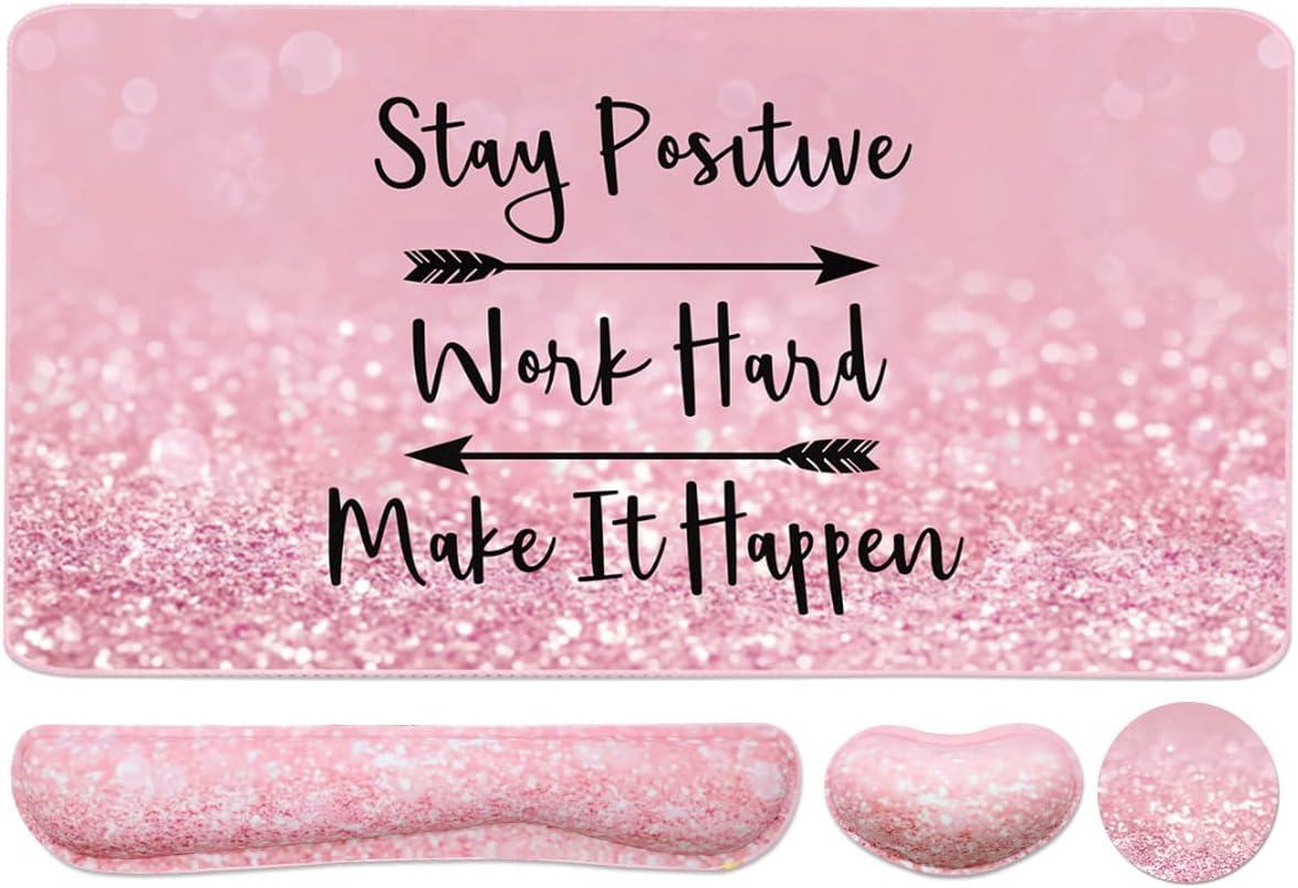 Keyboard Mouse Pad Set, Extended Mouse Pad+Keyboard Wrist Rest Support, Memory Foam Ergonomic Easy Typing, 3Pcs (35.4×15.7 in) Desk Pad Set for Home Office Study Game - Pink Stay Positive