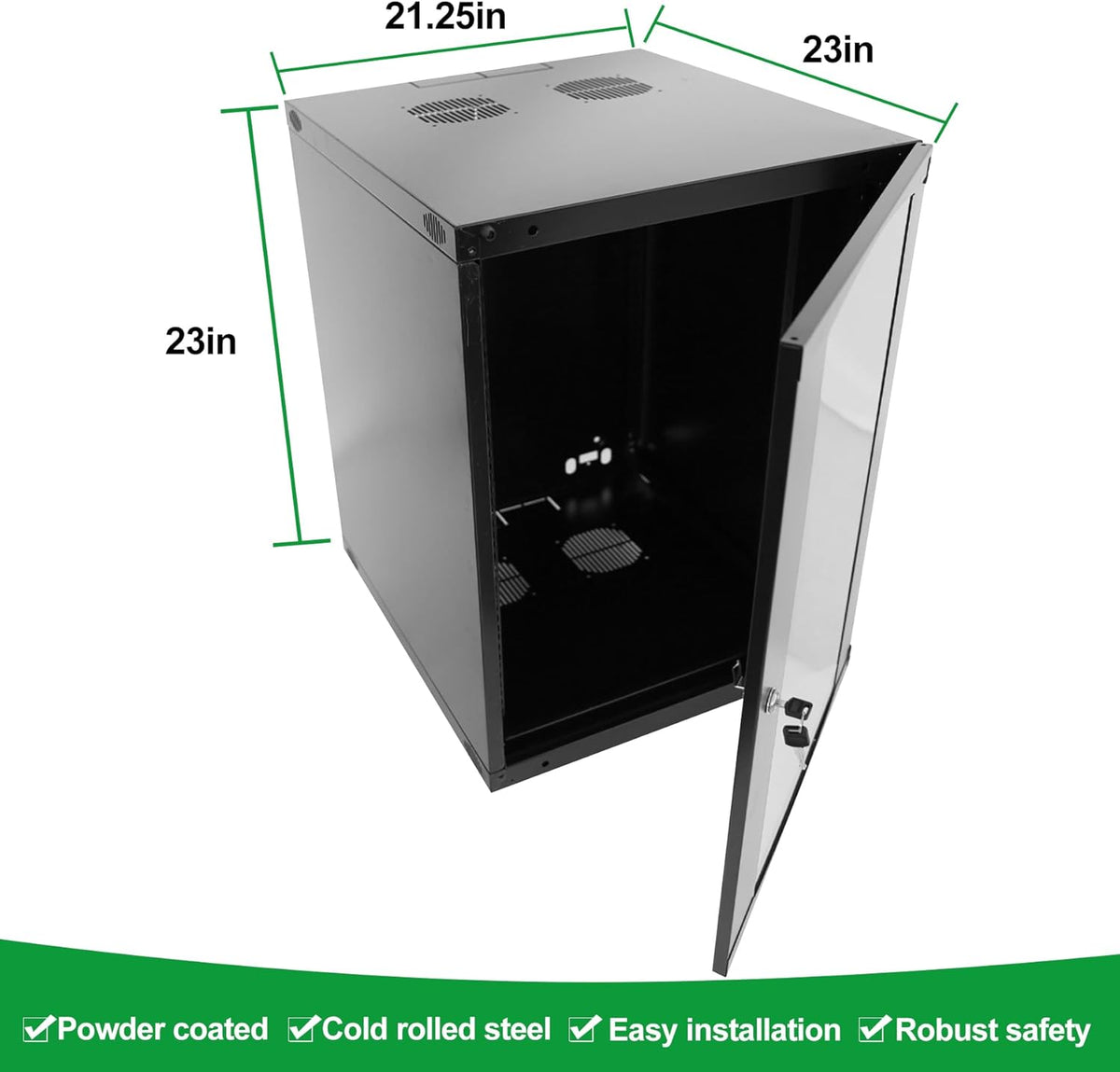 9U Server Cabinet Wall Mount Rack Enclosure with Caster Wheels 2 Server Fans Locking Glass Door Removable Side Panels 19" Network Cabinet 15-18.5" Installation Depth Heavy-Duty Frame(23INCH, 9U)