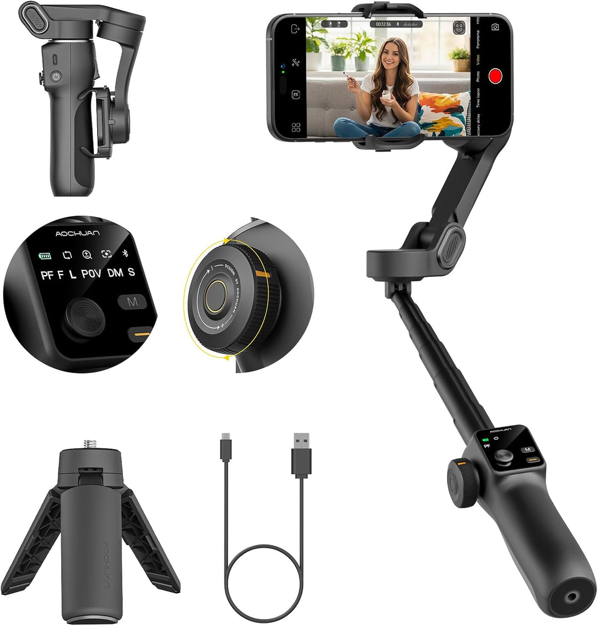 3-Axis Gimbal Stabilizer for iPhone, Smartphone Gimbal w/7.8" Extension Rod, OLED Display, Phone Stabilizer w/Face Tracking, Gesture Control, Video Record for iPhone & Android - Smart V8 Black