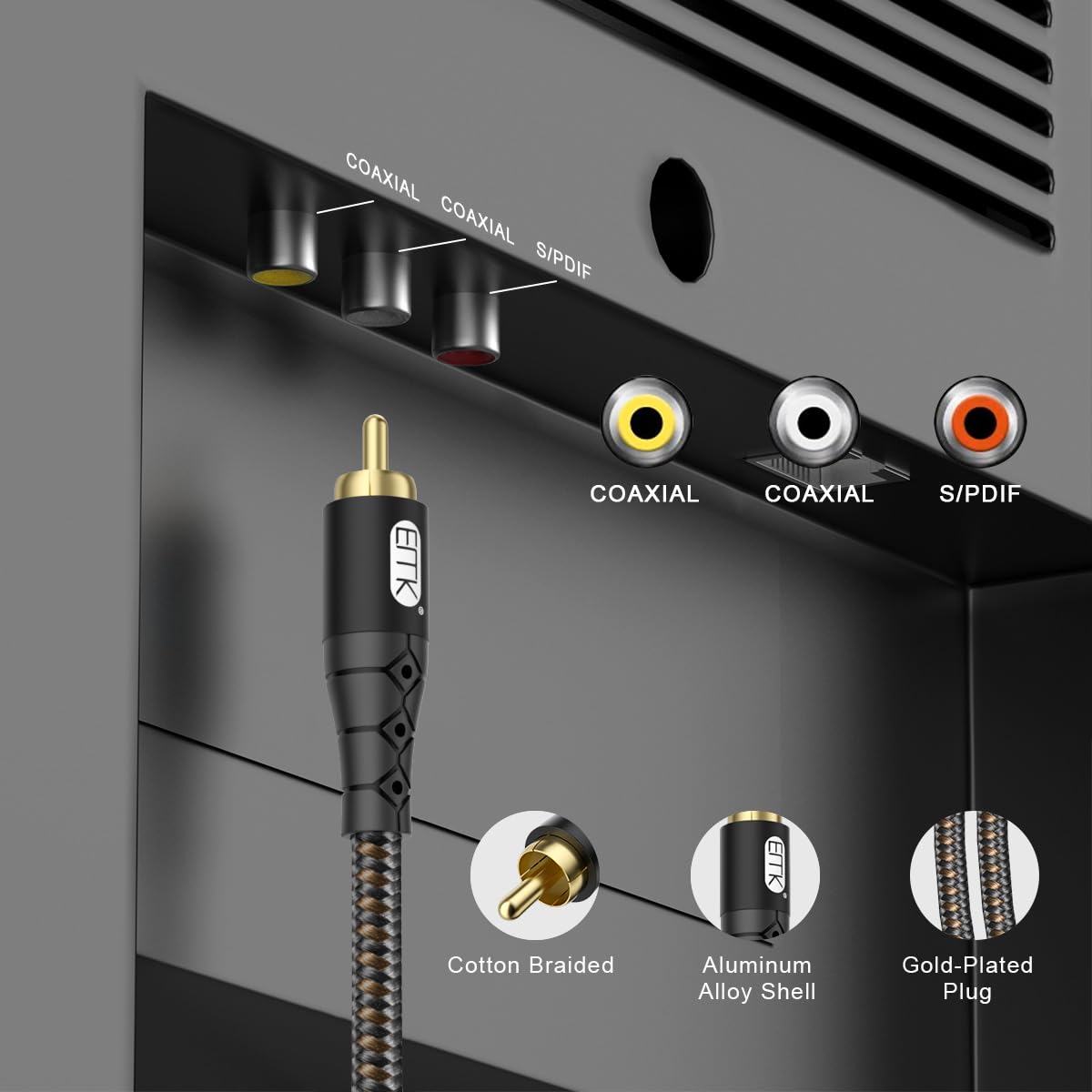 EMK RCA to RCA Subwoofer Cable – 24K Gold-Plated Connector Nylon Braided Double Shielded Audio Cable Digital&Analog Signal Support for Amplifiers Subwoofer Home Theater Hi-Fi Systems Black/30ft/10m