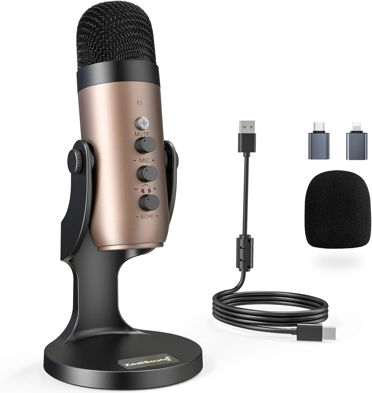 ZealSound USB Microphone,Condenser Computer PC Mic,Plug&Play Gaming Microphones for PS 4&5.Headphone Output&Volume Control,Mic Gain Control,Mute Button for Vocal,YouTube Podcast on Mac&Windows(Gold)