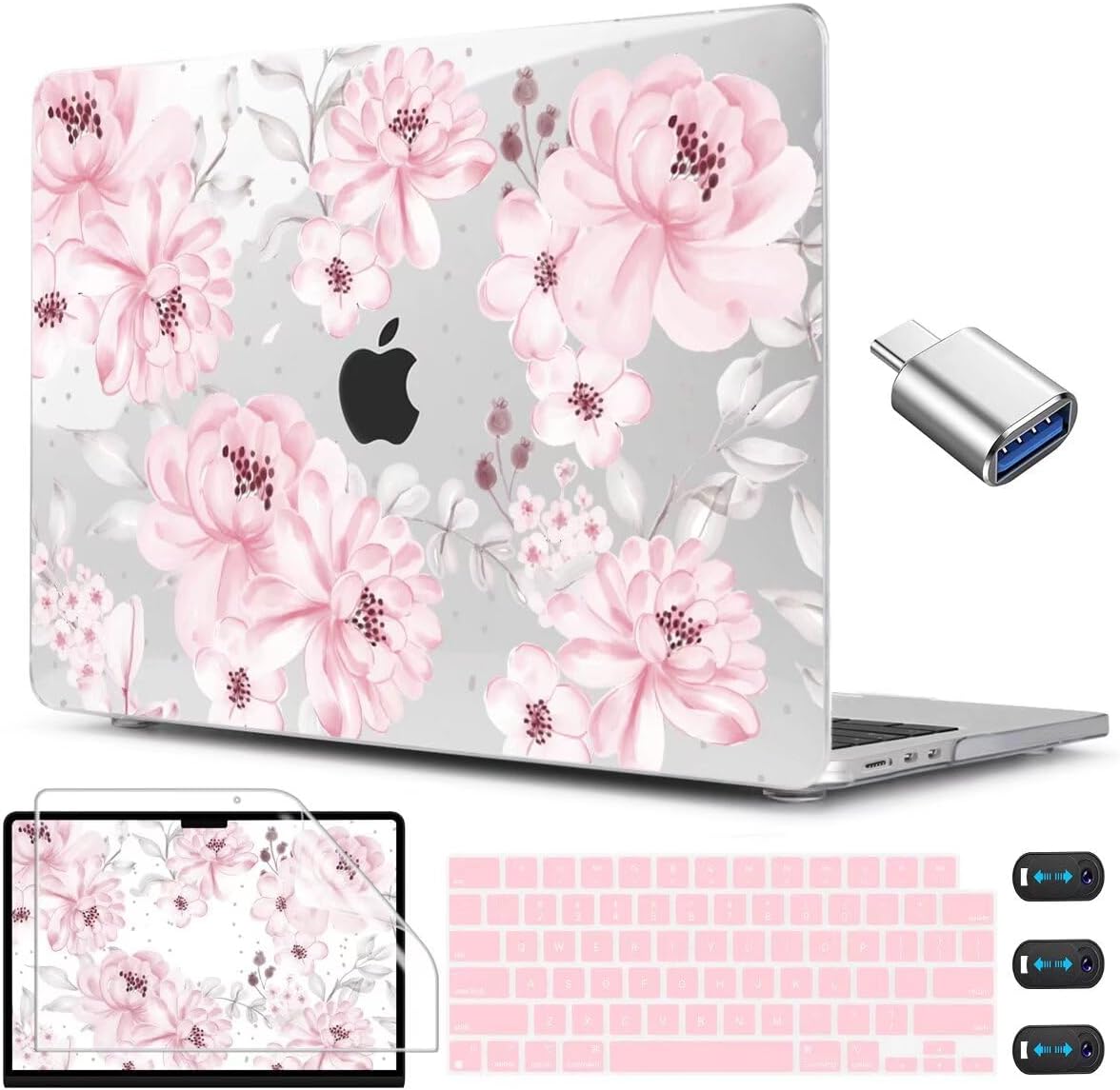 CISSOOK Compatible with MacBook Air 13.6 inch Case M4 M3 M2 Chip 2025 2024 2023 2022 Release, Plastic Hard Shell Case Keyboard Cover Screen Protector for Mac Air 13 A3240 A3113 A2681, Cute Pink Flower
