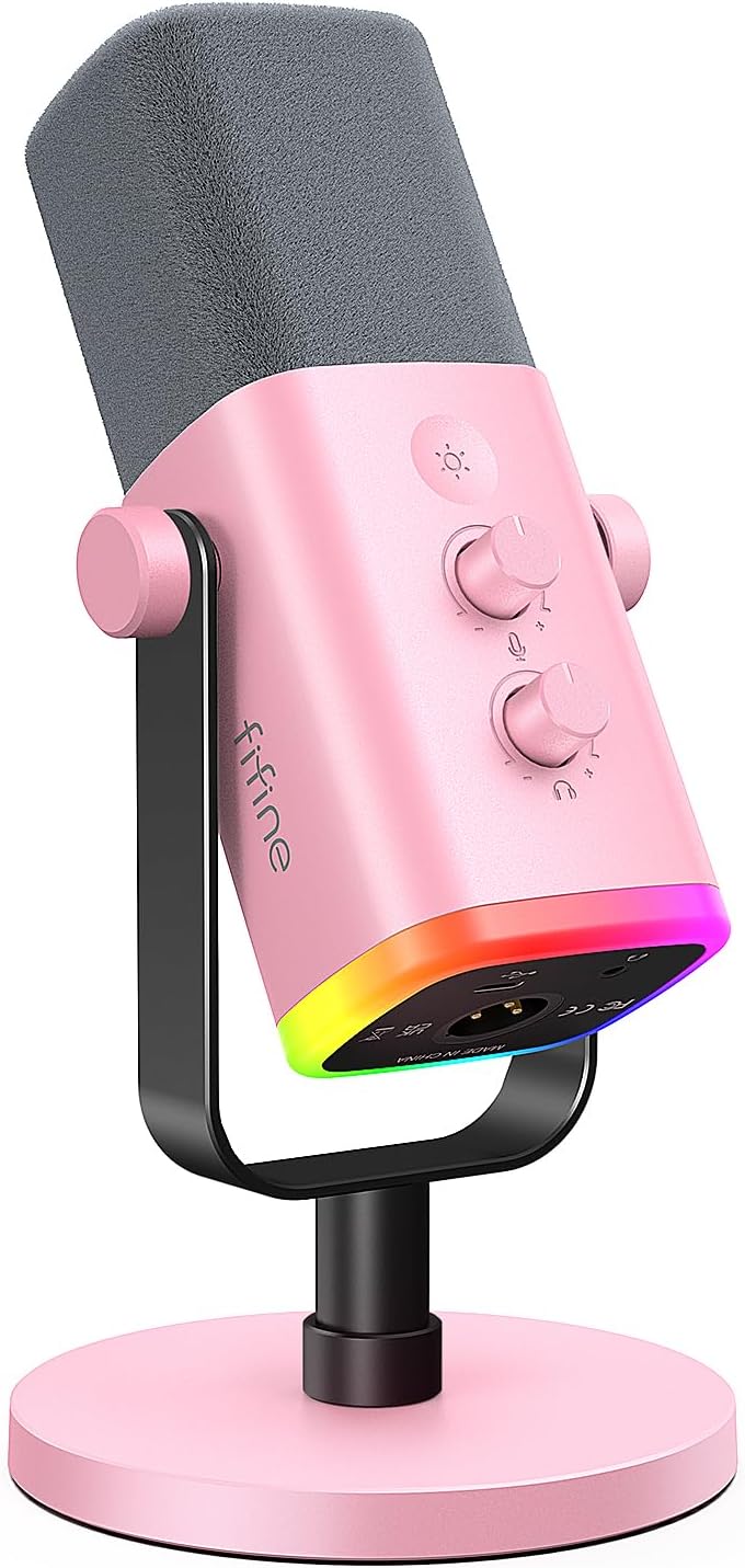 FIFINE XLR/USB Microphone, Gaming Recording PC Microphone with Headphones Jack, Mute Button, Dynamic RGB Mic for Computer, Streaming Mic for Podcasting Voice-Over YouTube Video-AmpliGame AM8 Pink
