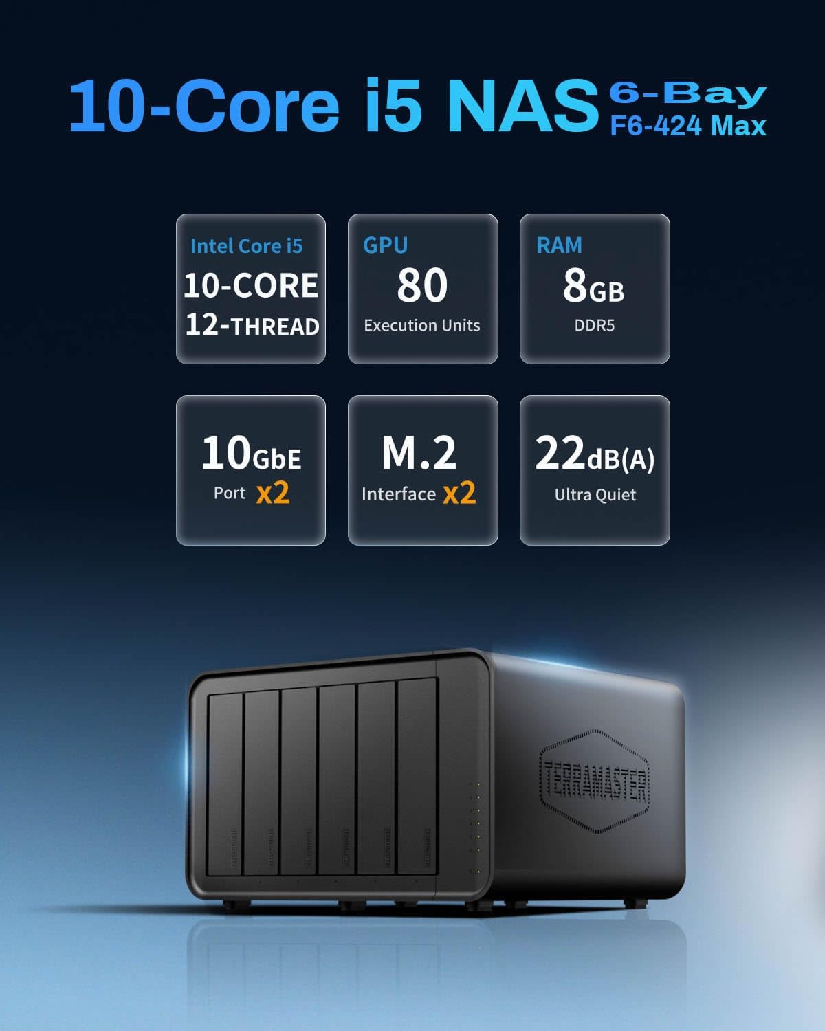 TERRAMASTER F6-424 Max NAS Storage - 6Bay Core i5 1235U 10-Cores 12-Threads, 8GB DDR5 RAM, Dual 10GbE Ports, Network Attached Storage Peak Performance for Business (Diskless)