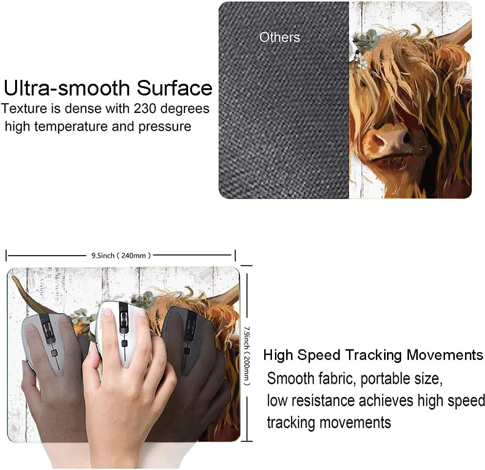 Floral Mouse Pad, Cute Flowers Mouse Pad, Square Mouse Mat Waterproof Mousepad Non-Slip Rubber Base Mouse Pads for Office Laptop Women, Cow