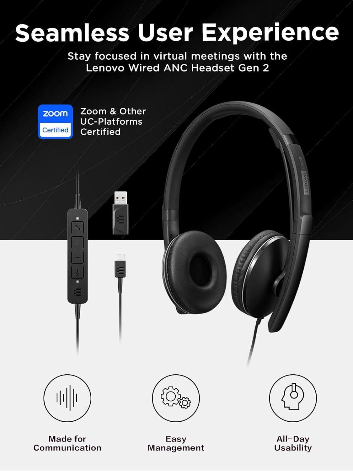 Lenovo Wired ANC Headset, USB-C and USB-A connectivity, Zoom Certified, Active Noise Cancellation, Hearing Protection, 145g Lightweight Comfortable Design, Replaceable Earcups, Business Headset