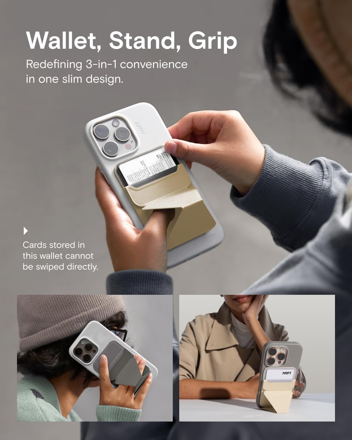 MOFT Magnetic Wallet Stand Compatible with iPhone 16/15/14/13/12 Series, Angle Adjustment & Magsafe Compatible MOVAS Phone Stand, Cement