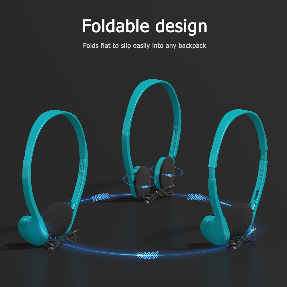 3 Pack 3.5mm 4ft 3 Bulk Headphones for School, Classroom, Students - On Ear with Jack, Tangle Free Cable, Colors