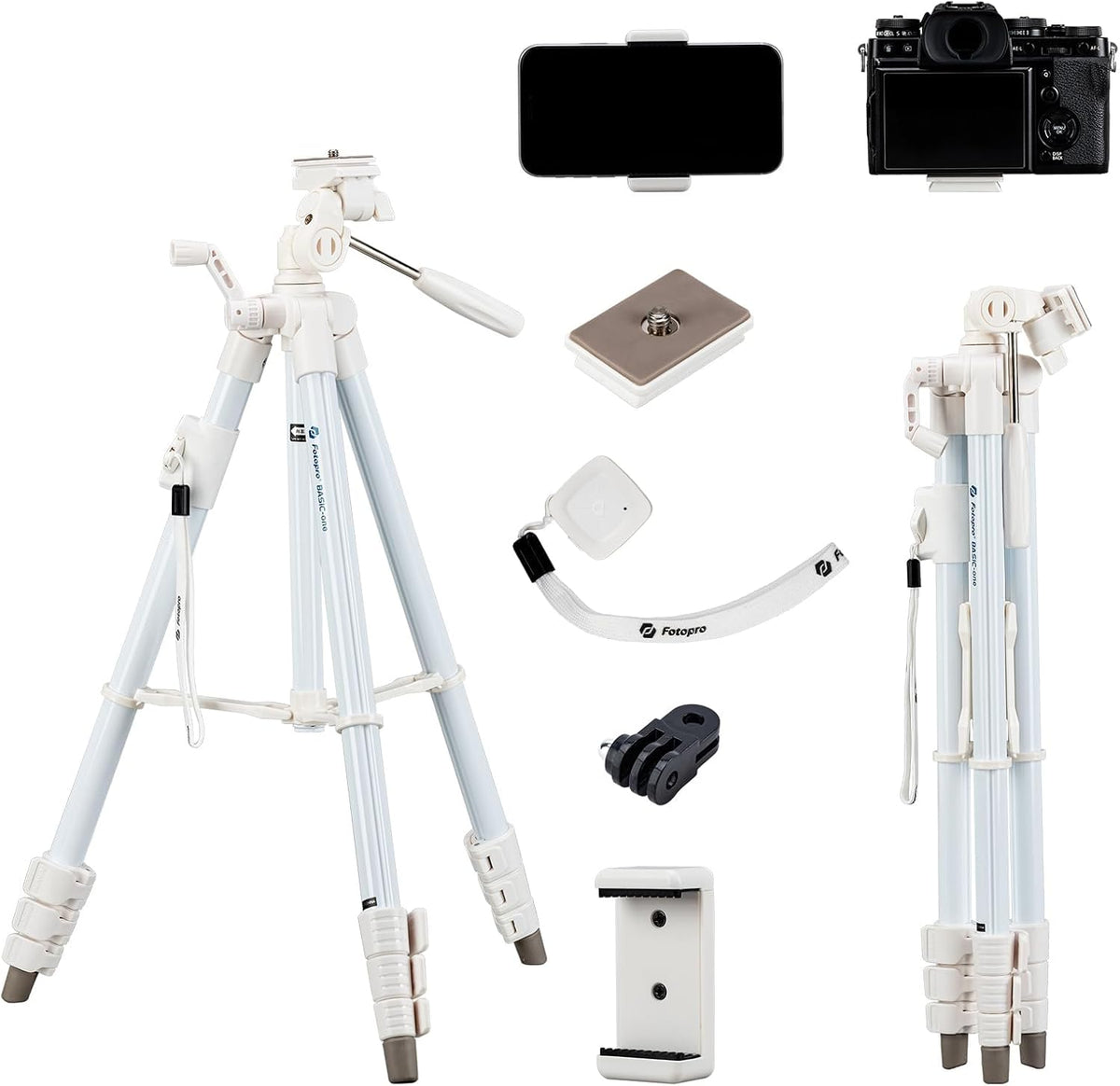 Fotopro 59'' 3-Way Camera Tripod, Portable Tripod for iPhone with Bluetooth Remote, Aluminum Video Camera Tripod