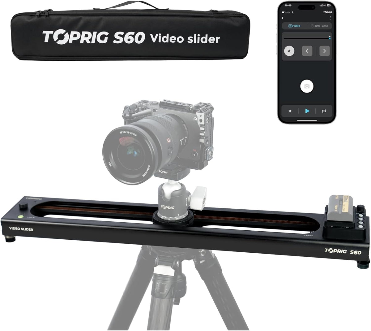 Accsoon Toprig 24inch/60cm Motorized Camera Slider, Button/APP Dual Control, Speed Adjust/Time-Lapse/120° Panoramic Shooting/Loop Mode, Compatible with DSLR Camera, Gopro, Camcorder, Smartphone(S60)