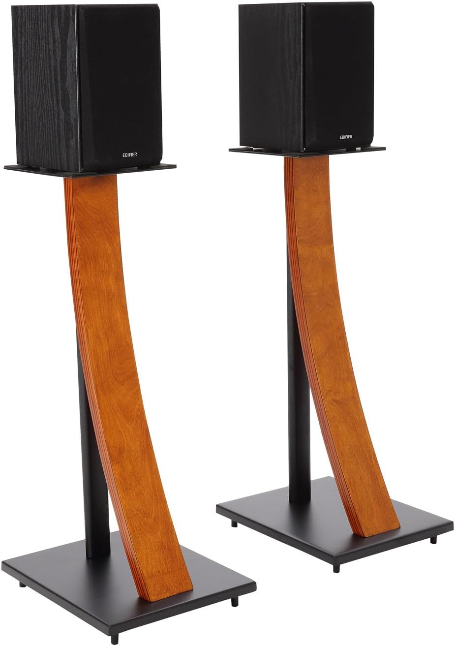 EXIMUS One Pair Fixed Height Universal Speaker Floor Stands with Real Wood - Cherry - 290 Series