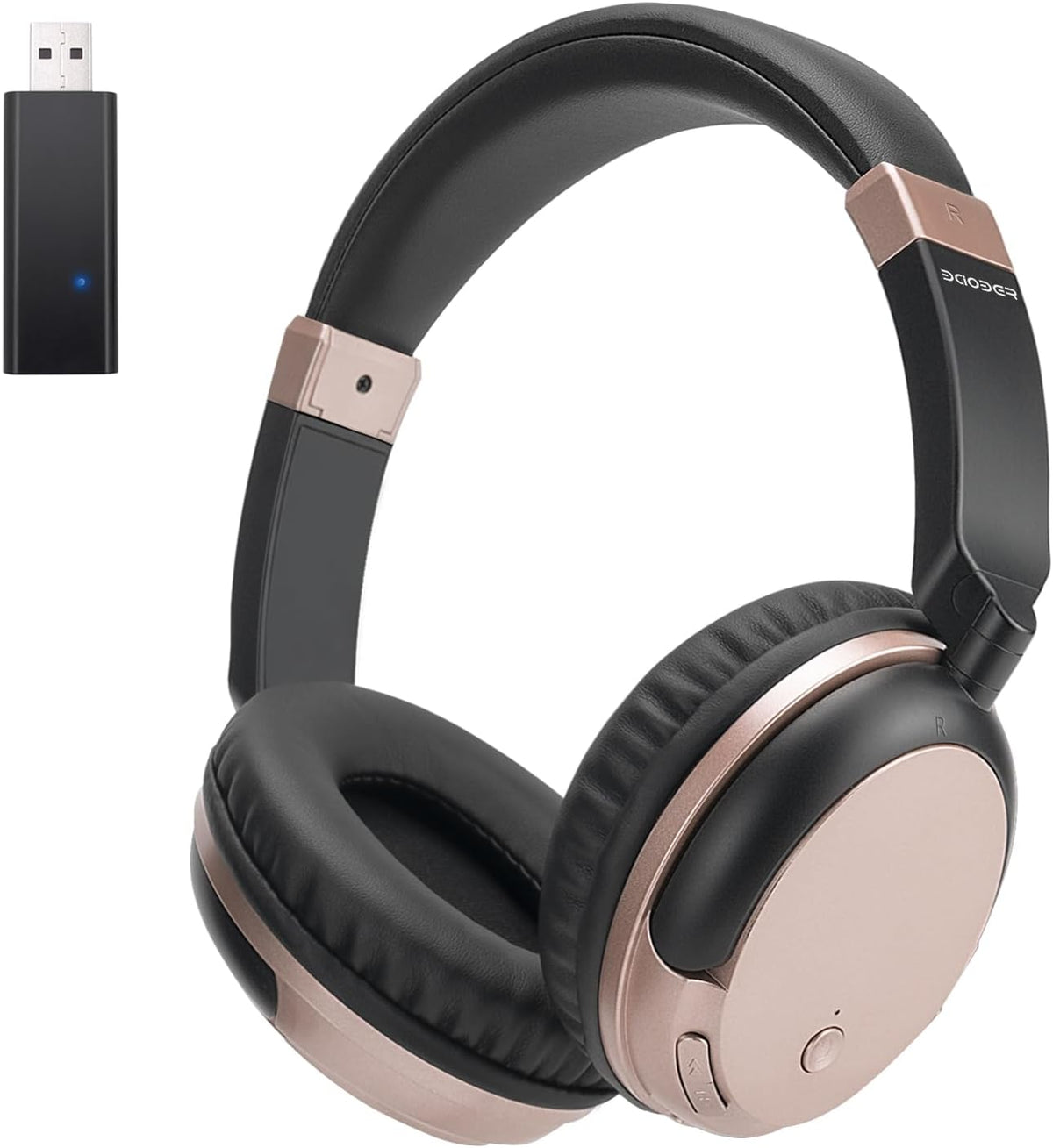 Bluetooth Wireless Over Ear Light Weight Headphone with Low Latency USB Transmitter for TV,PC,3.5mm Audio Device, Stereo Wireless Headset Built-in Microphone for Cell Phone (Rose Gold)
