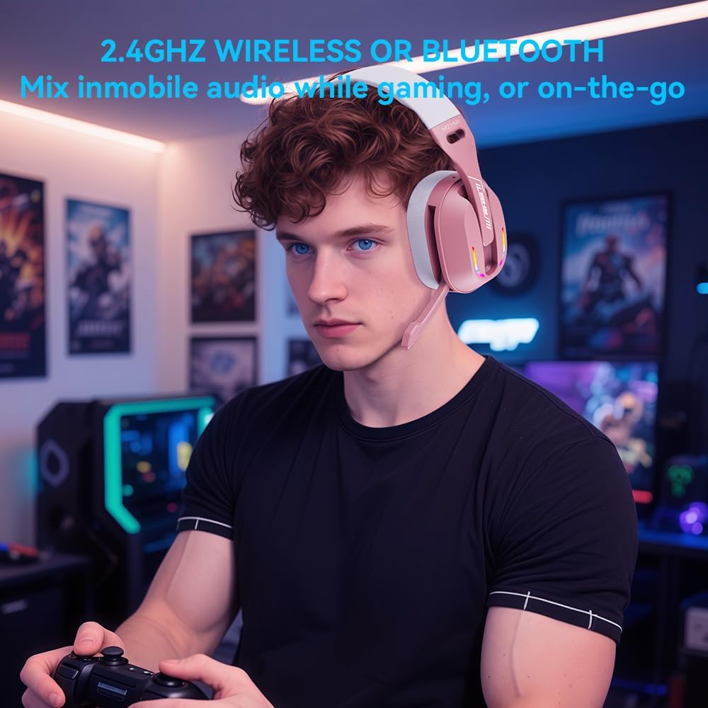 2.4GHz Wireless Gaming Headset for PC, PS5, PS4, Switch - Bluetooth 5.4, 20H Battery, with ENC Noise Canceling Microphone, Cool Lighting, 40mm Drivers,for Wired Mode Xbox Series -Rose Gold