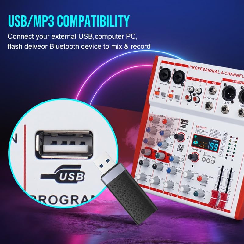 mw-4 white 4Channel Audio Mixer with 99 Sound Effects for PC,Portable Sound Mixing Console with BT USB Recording Input for Live Streaming,Podcasting