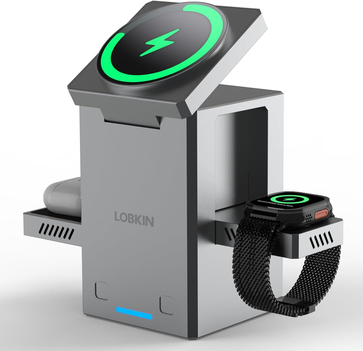 LOBKIN 3 in 1 Charging Station, Qi2 15W Foldable Intelligent Fast Wireless Charging Station,MagSafe Charger Stand for iPhone 16/15/14/13, Airpods, Apple Watch