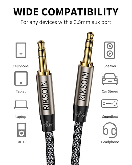 RIKSOIN 3.5mm Aux Cable 2FT/0.6m, Silver-Plated Wire Core Male to Male Cord for Headphones Car Home Stereos Speaker Compatible with iPhone iPad iPod Echo