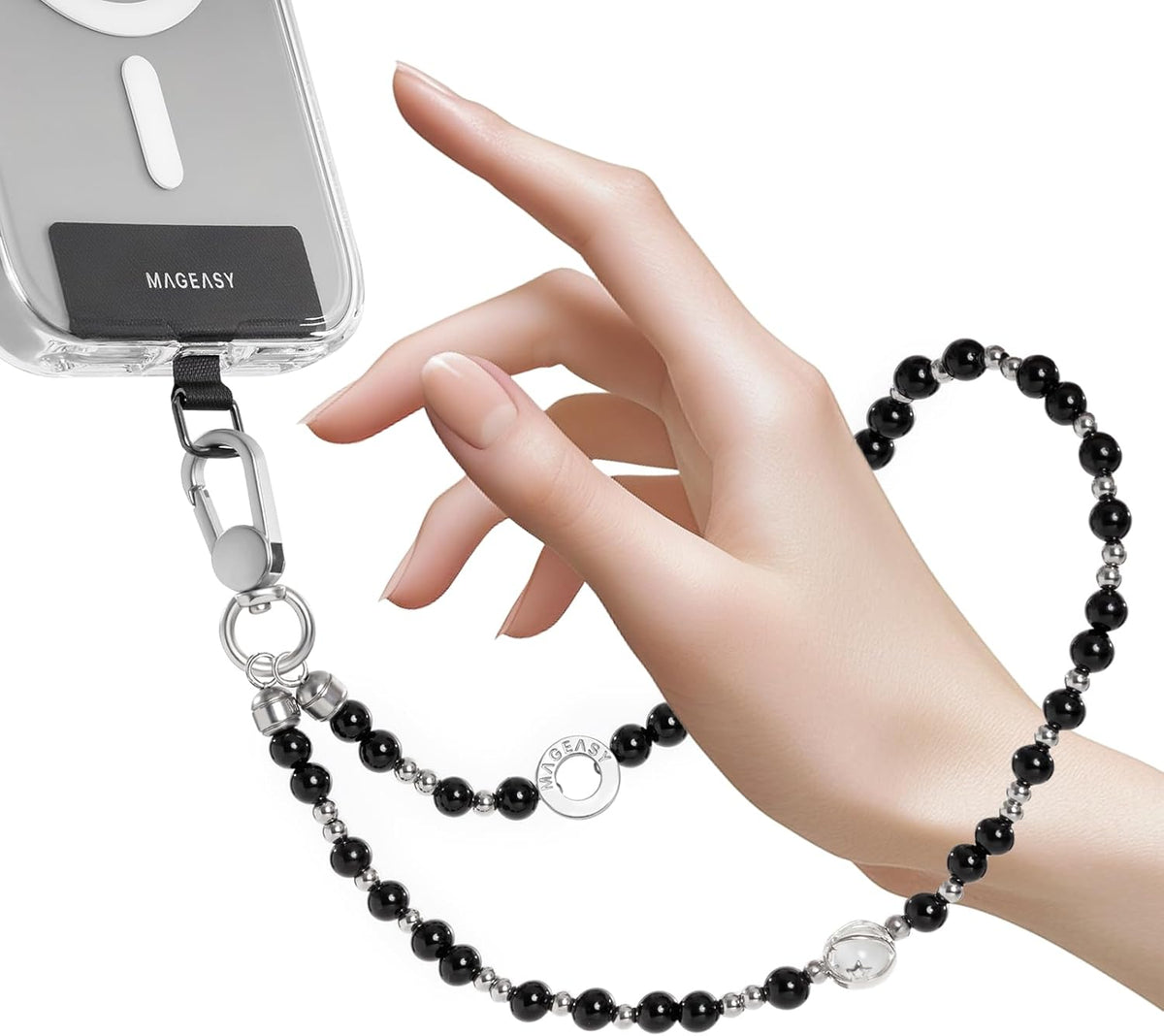 MAGEASY Beaded Phone Charm for Women - Cell Phone Wrist Strap with Teather Tab, Designed for iPhone & Android Phones, Keychain, Camera - Onyx Bloom