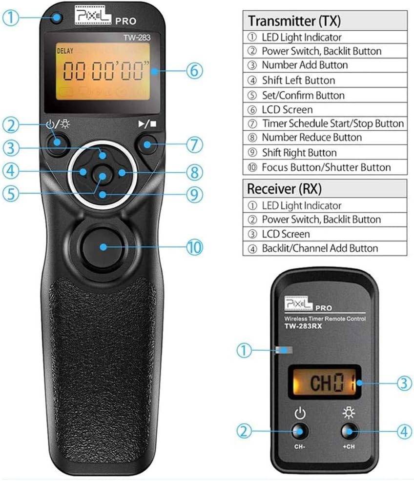 Pixel Wireless Timer Remote Shutter Release TW283-S2 Wireless Remote Control Wire Release Compatible with Sony a1 a9 a7 a7R a7S a6600 a6500 a6400 a6300 a6100 a6000 a5000 RX100II RX10 RX0 a68 ZV-1 HX99