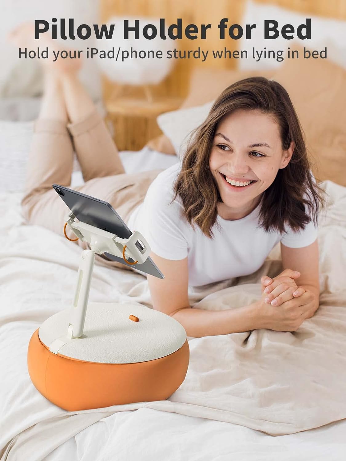 SAIJI Tablet Holder Pillow, Kindle Holder Compatible with 4.7-15.6” Kindle, Tablet, Phone, Portable Monitor, 360° Adjustable Tablet Stand for Bed with Flexible Dual Axis Arm & Microbead Cushion-Orange