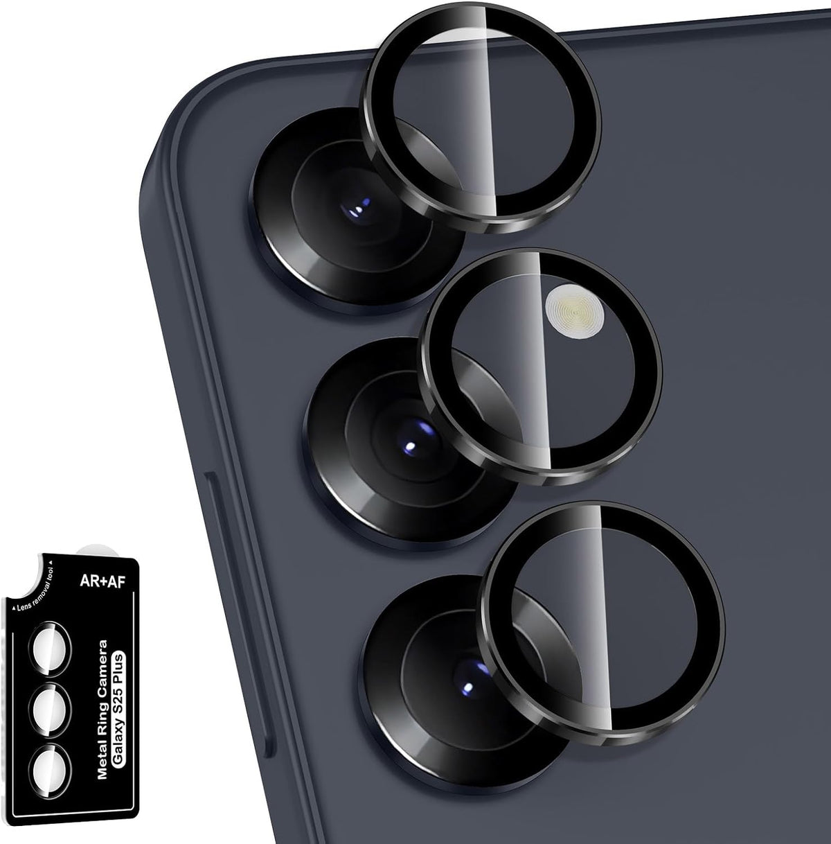 for Samsung Galaxy S25 Plus Camera Lens Protector, Individual Metal Ring Tempered Glass Lens Cover, [Strong Adsorption] Scratch Resistant Ultra-Thin HD Clear Lens Cover, 1 Set-Black Ring