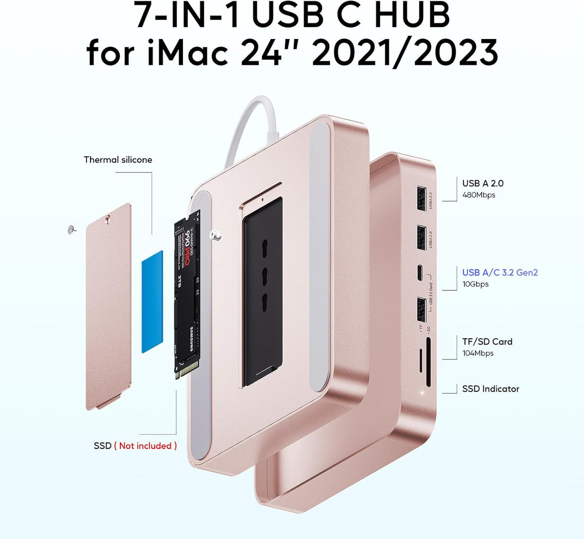 USB C HUB for iMac 24 inch 2021/2023, PULWTOP USB Hub Adapter iMac Accessories for M1/M3 with USB C 10Gbps 3*USB A SD/TF, Docking Station Support Expand M.2 SSD (Not Included), Color not for i.Mac M4