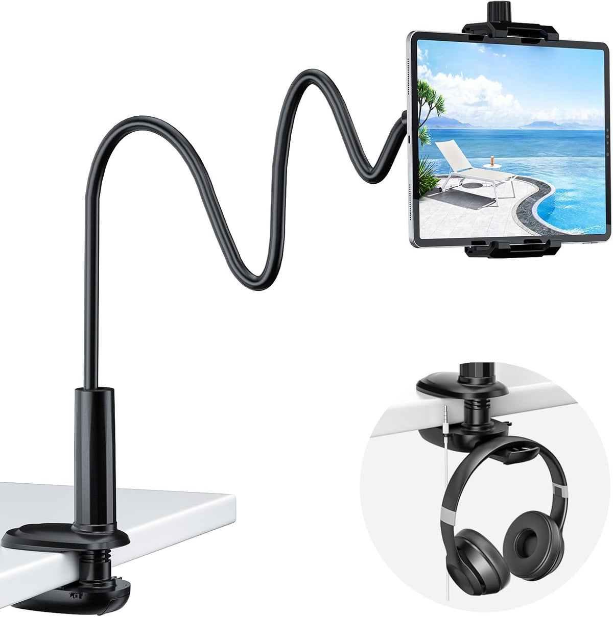 KDD Gooseneck Tablet Stand, 360° Adjustable Phone & iPad Holder for Bed and Desk, Flexible Arm Mount Clip for Video Recording, Bedside & Headboard Clamp for iPad Pro 12.9, Mini, Switch