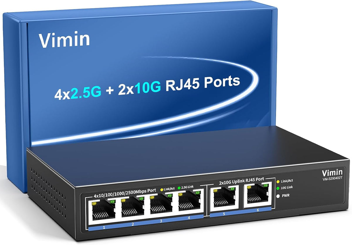 6-Port 10G/2.5G Ethernet Switch with Dual 10GBASE-T, Vimin 4X 2.5G +2 x 10Gb RJ45 Ports Unmanaged Switch, 60Gbps Capacity, 10G Switch Desktop/Wall Mount Network Switch for NAS, PC, Wireless AP