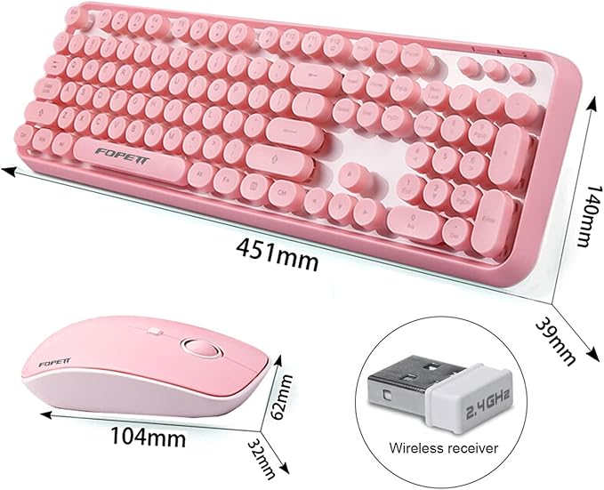 FOPETT Keyboard and Mouse Sets Wireless Reliable 2.4 GHz Connectivity for PCLaptopSmart TV and More (Pink)