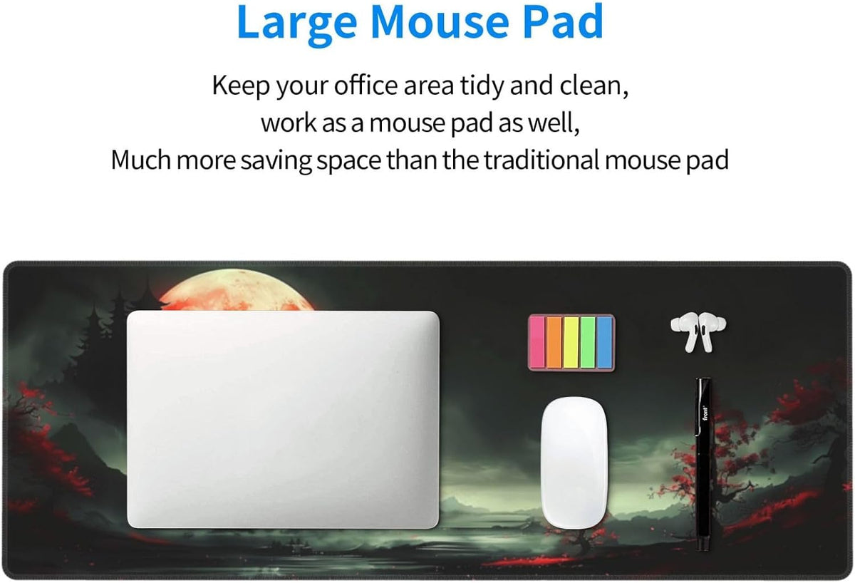 Extended Gaming Mouse Pad, Large Desk Mat XL Anime Mouse Pad Waterproof with Stitched Edges, Non-Slip Desktop Pad for Home and Office, Level Up Your 31.5x11.8 Inch (Red Moon)
