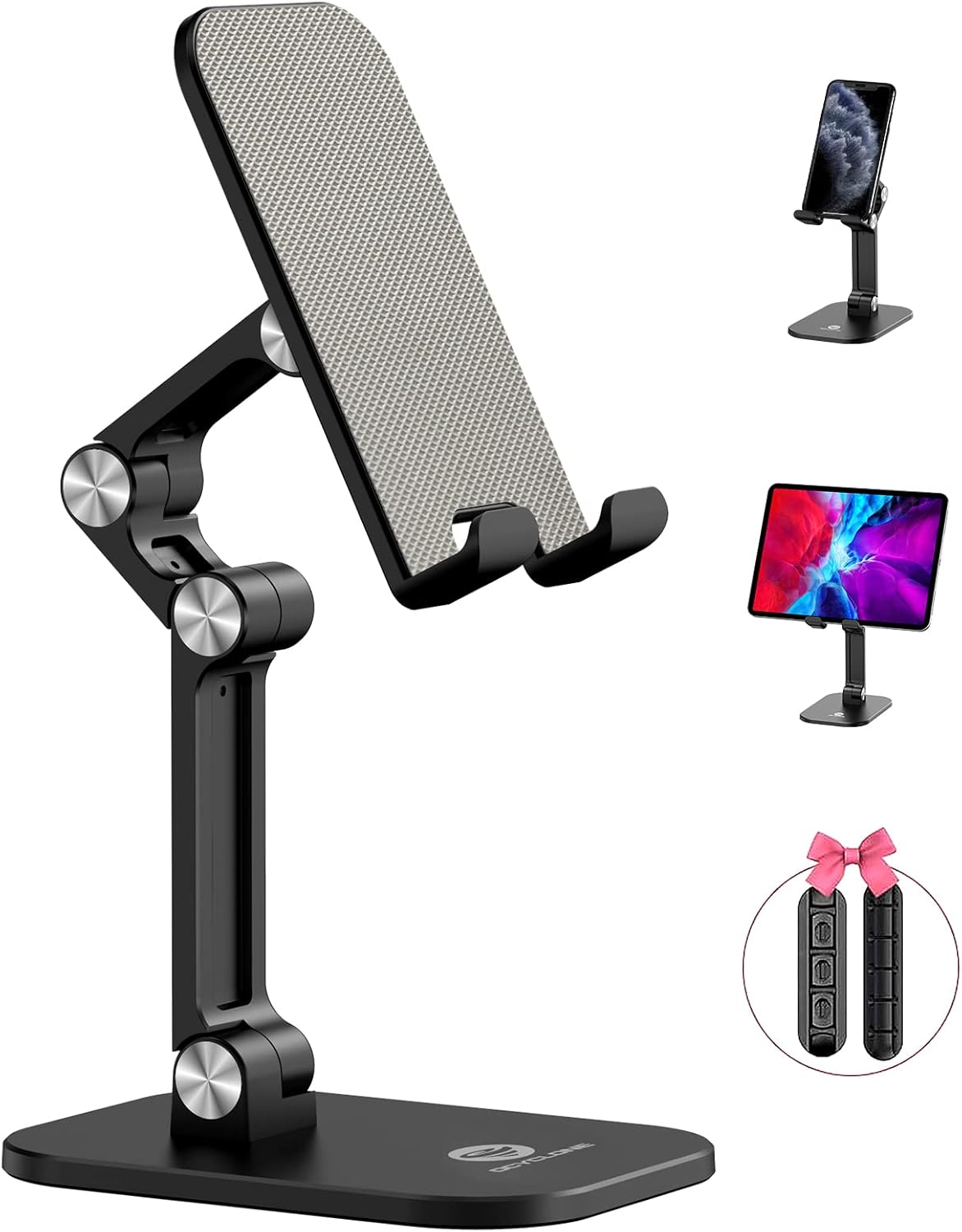 OCYCLONE Cell Phone Stand + 2 PCS Cable Organizer, Angle Height Adjustable iPhone Stand for Desk, Foldable Cell Phone Holder Tablet Stand Compatible with 4.7"-13" Phone Tablet