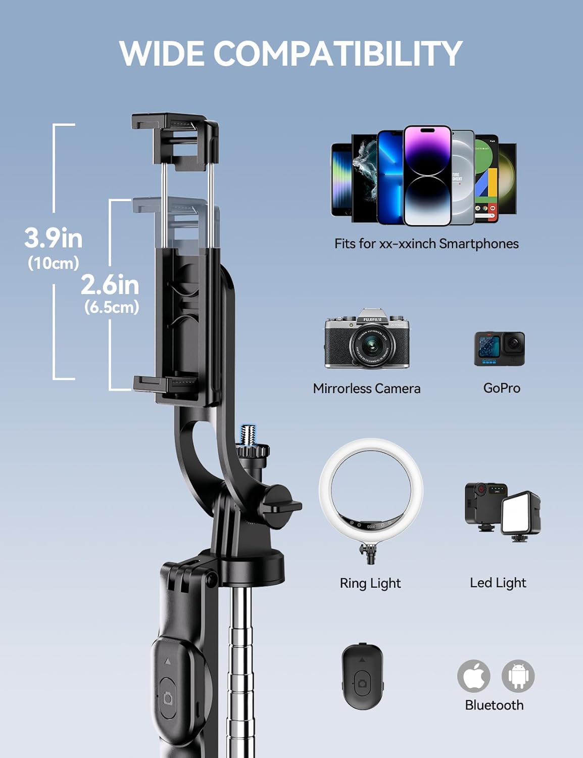 Takerers 67" Cell Phone Tripod Stand & Selfie Stick with Wireless Remote, All in One Multifunctional Selfie Stick Tripod for iPhone Android Action Camera GoPro Insta360 DJI OSMO Pocket 3 Accessories