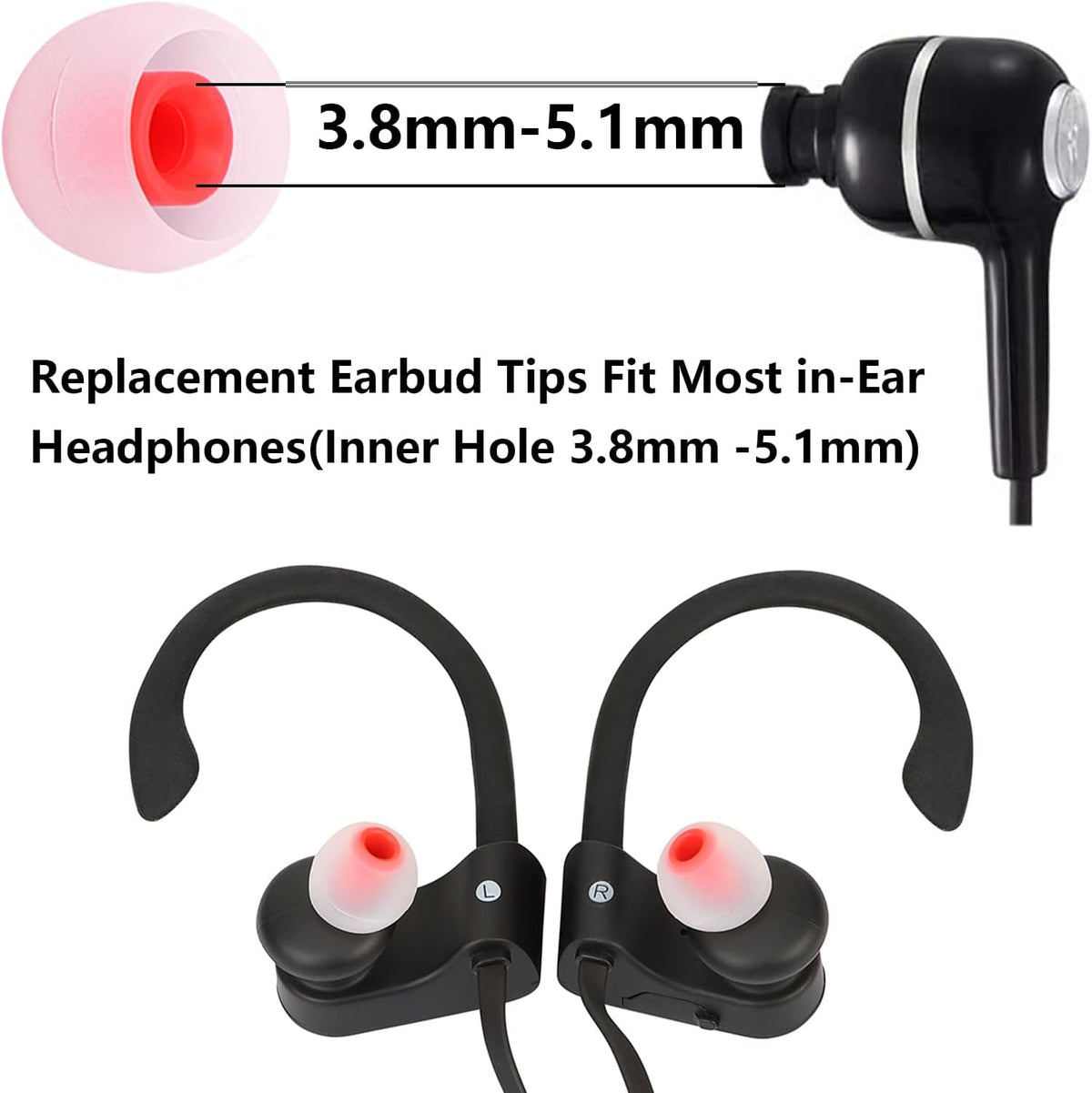 Earbud Replacement Tips Silicone Earbud Tips Earbud Covers Fit for in-Ear Headphones (Inner Hole 3.8mm -5.1mm) Eartips Earbud Rubber Tips 9 Pairs S/M/L, transparent/Red