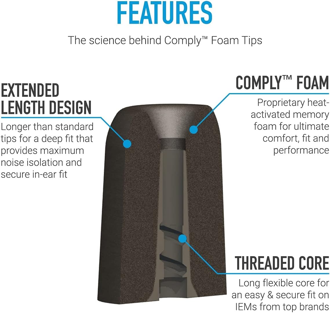 Comply P-Series | Memory Foam Replacement Ear Tips Designed for Etymotic, NuForce, ISOtunes PRO, Q-Jays, & More | Superior Noise Isolation, Ultimate Comfort, Secure Fit | Black, Large (3 Pairs)