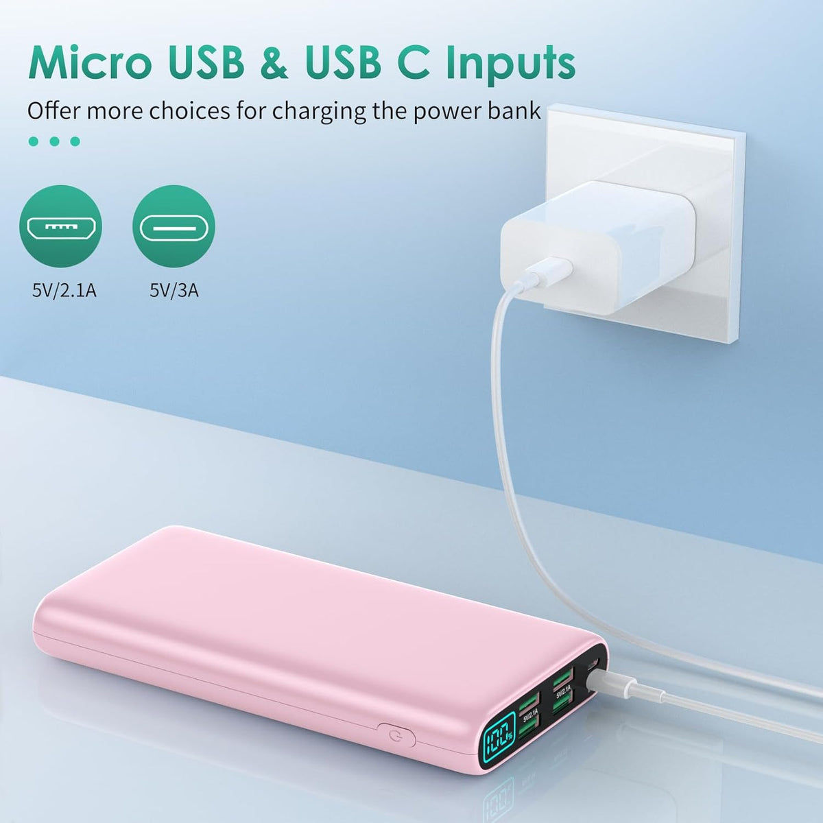 Portable Charger 38800mAh,LCD Display Power Bank,5 USB Outputs Battery Pack Backup,USB-C in&out Dual Input Phone Charging Compatible with iPhone 16/15/14/13 Pro,Android Samsung Galaxy Pixel Nexus-Pink