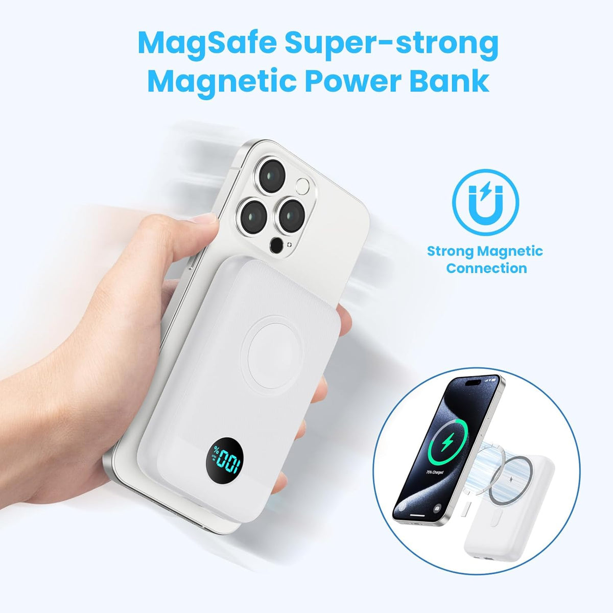 Magnetic Portable Charger 10800mAh,4-in-1 Wireless Power Bank with iWatch Charger, QC4.0+20W PD Fast Charging USB C Battery Pack with LCD Display for Magsafe,iPhone 16/15/14/13/12,Apple Watch (White)