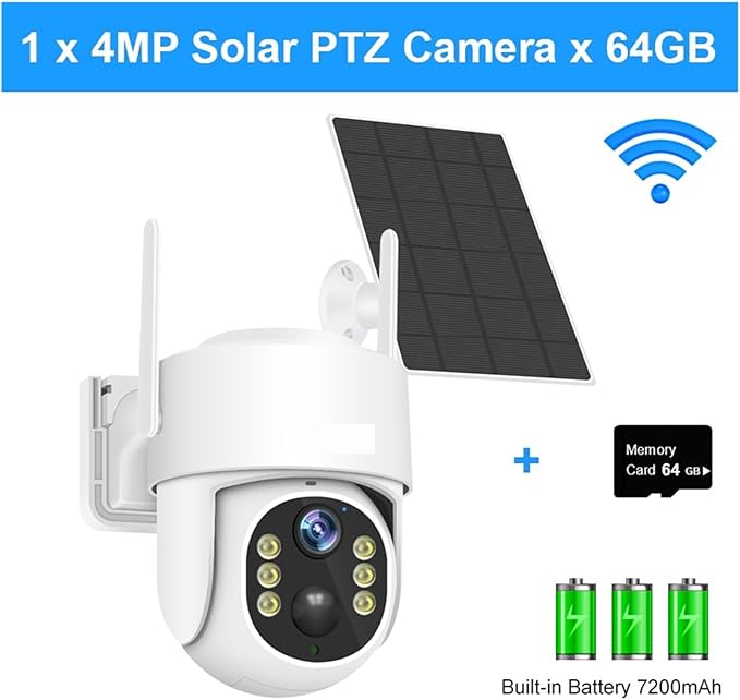 Solar Panel PTZ IP Camera WiFi 4MP 4G Video Surveillance Security Protection Built-in Battery Long Time Standby(4MP WiFi and 64G SD)