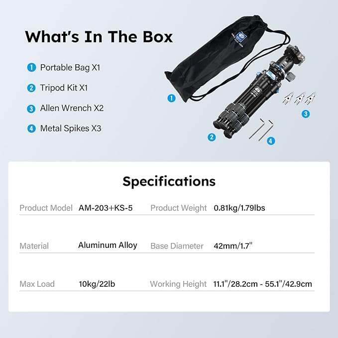 SIRUI Mini Tripod with 360° Panoramic Ball Head, Tabletop Travel Tripod for Camera, Quick Release System, Max Load 33lbs/15KG, Max Height 16.7”, AM-203+KS-5 (AM-203+KS-5)