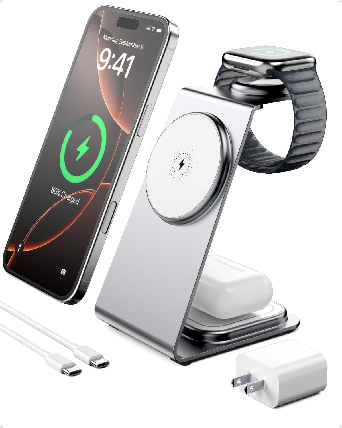 Intoval 3 in 1 Wireless Charging Station for Magsafe, Magnetic Charger for iPhone 16 15 14 13 12 Pro Max, Wireless Charger for Apple Watch 10 Ultra SE 9 8 7 6, for AirPods 4 Pro 2 3 (Silver)