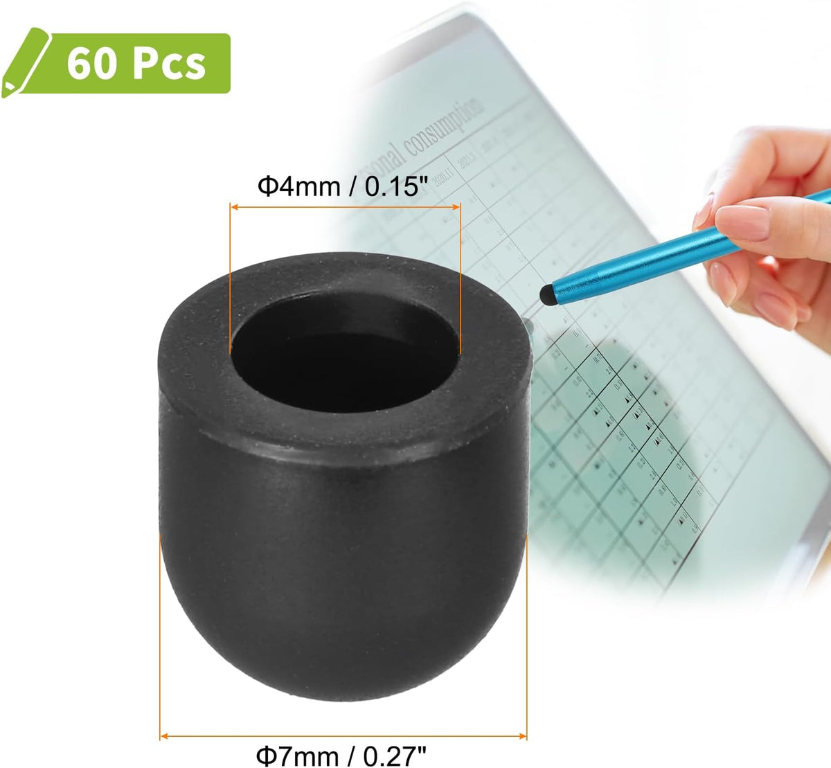 MECCANIXITY 60Pcs Replacement Stylus Pen Tips 7mm Conductive Capacitive Touch Screen Pens Tips Silicone Rubber, Black