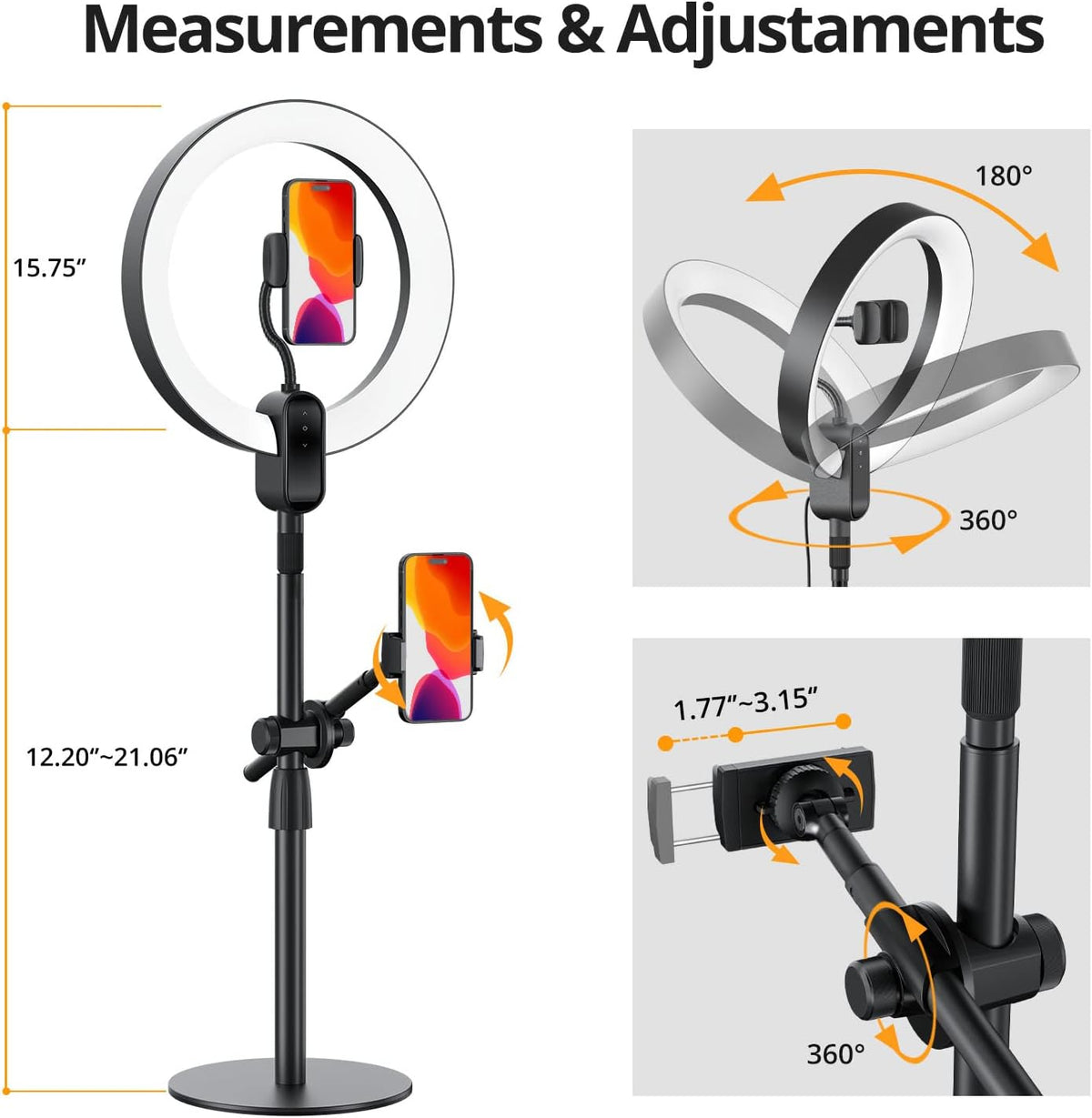 12" Ring Light with Stand and Phone Holder,Overhead Phone Stand,2 Phone Holders,2700-6500K,3 Color Modes,10 Brightness Levels,Remote Control,Adjustable,Live Stream,Tiktok/YouTube
