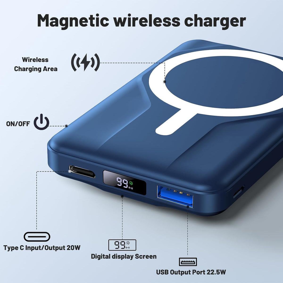 Azmuth Wireless Portable Charger with Stand, Slim 10000mAh Magnetic Power Bank for Magsafe, 22.5W Fast Charging Battery Pack with Digital Display Compatible with iPhone 16/15/14/13/12 Series